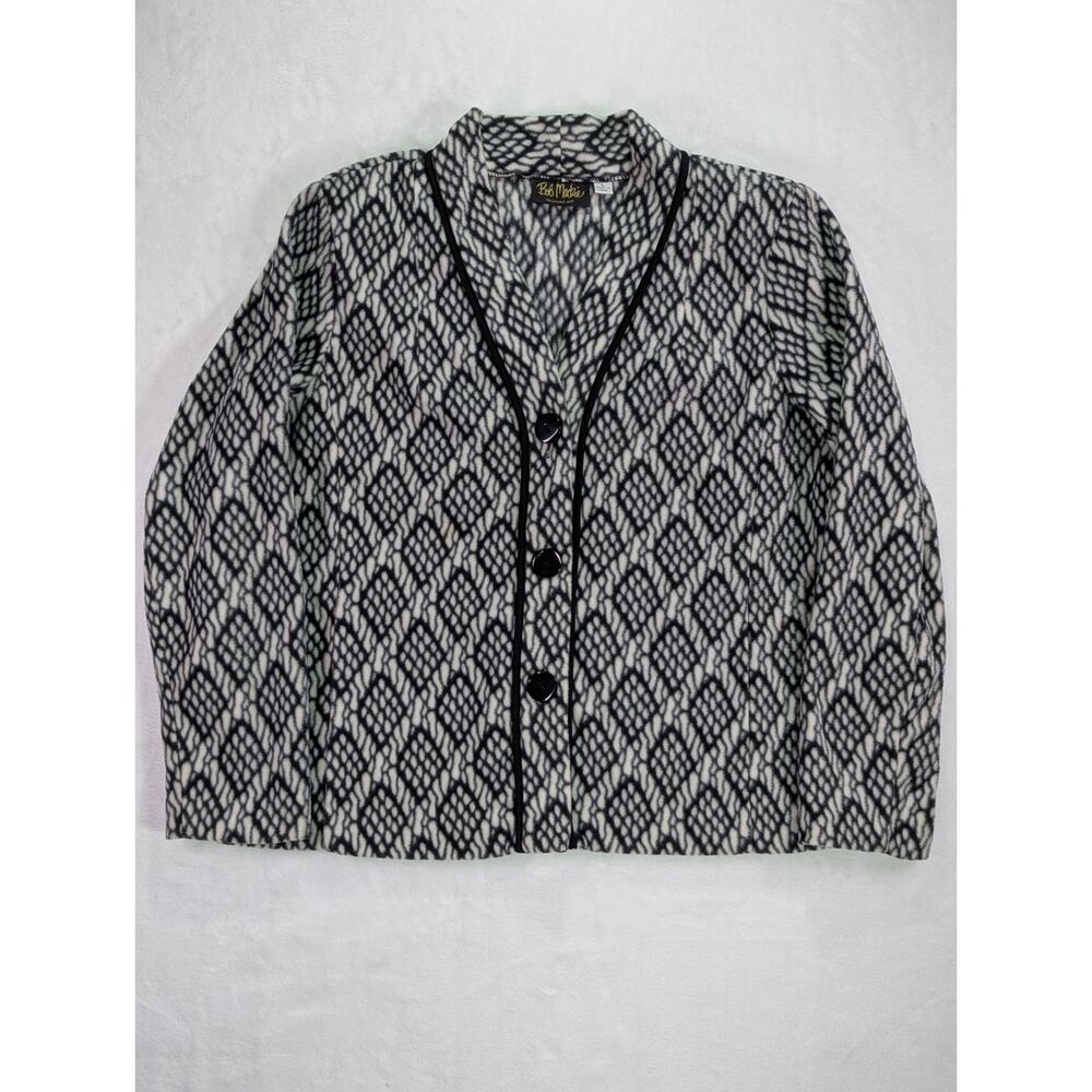 Bob Mackie Black & White Geo/Argyle Print Size Large Fleece Button Up Jacket